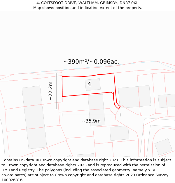 4, COLTSFOOT DRIVE, WALTHAM, GRIMSBY, DN37 0XL: Plot and title map