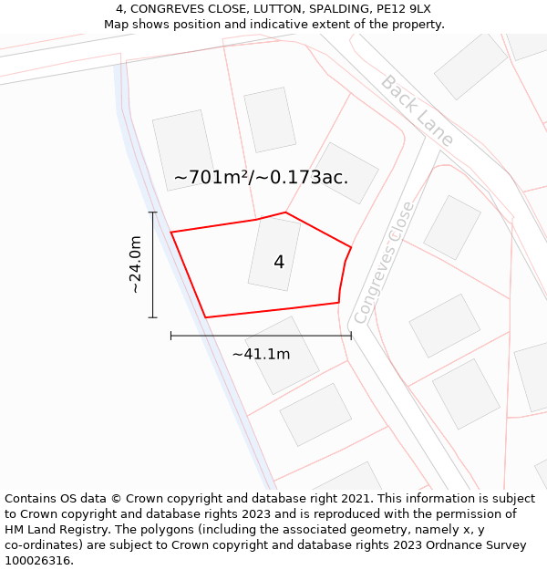 4, CONGREVES CLOSE, LUTTON, SPALDING, PE12 9LX: Plot and title map