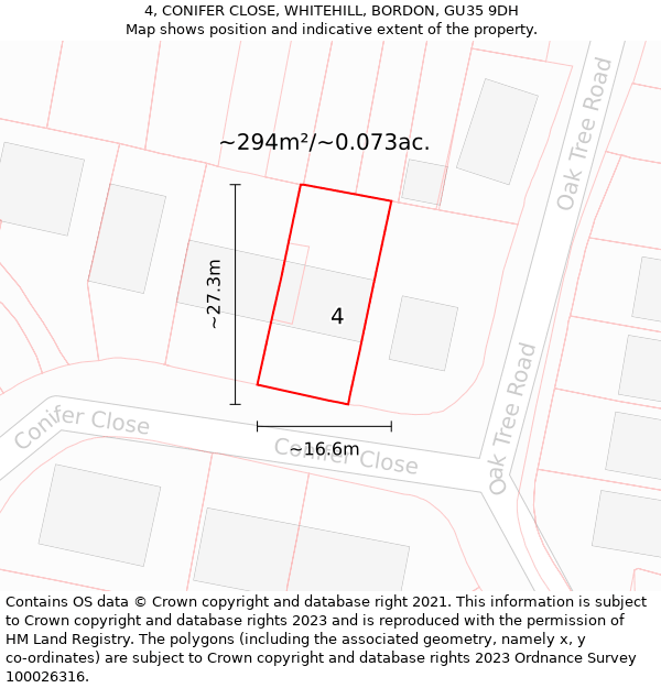 4, CONIFER CLOSE, WHITEHILL, BORDON, GU35 9DH: Plot and title map