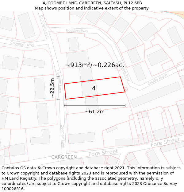 4, COOMBE LANE, CARGREEN, SALTASH, PL12 6PB: Plot and title map