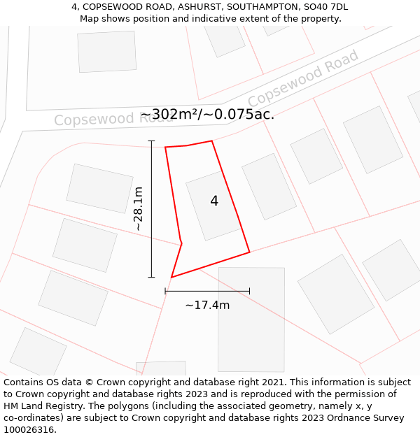 4, COPSEWOOD ROAD, ASHURST, SOUTHAMPTON, SO40 7DL: Plot and title map