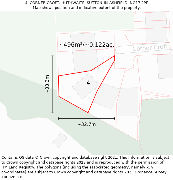 4, CORNER CROFT, HUTHWAITE, SUTTON-IN-ASHFIELD, NG17 2PF: Plot and title map