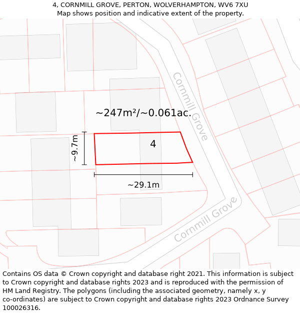 4, CORNMILL GROVE, PERTON, WOLVERHAMPTON, WV6 7XU: Plot and title map