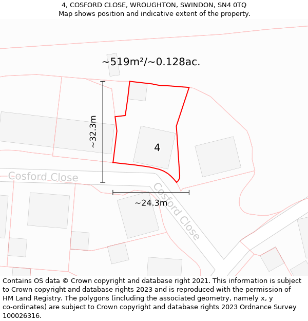 4, COSFORD CLOSE, WROUGHTON, SWINDON, SN4 0TQ: Plot and title map