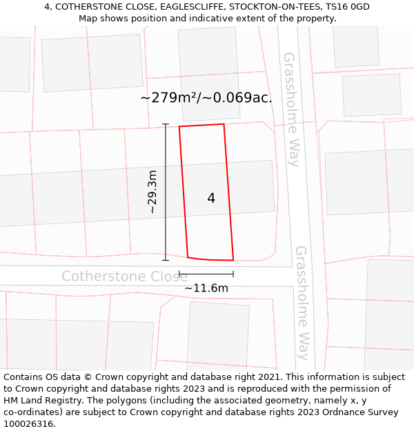 4, COTHERSTONE CLOSE, EAGLESCLIFFE, STOCKTON-ON-TEES, TS16 0GD: Plot and title map