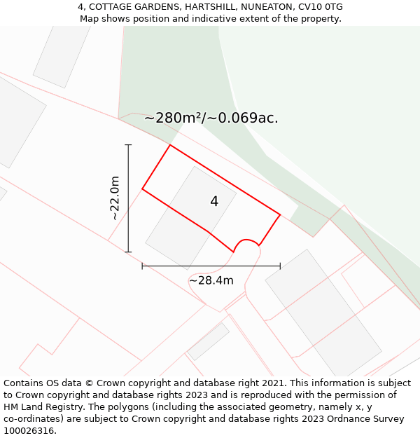 4, COTTAGE GARDENS, HARTSHILL, NUNEATON, CV10 0TG: Plot and title map