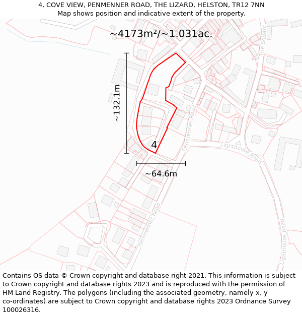 4, COVE VIEW, PENMENNER ROAD, THE LIZARD, HELSTON, TR12 7NN: Plot and title map