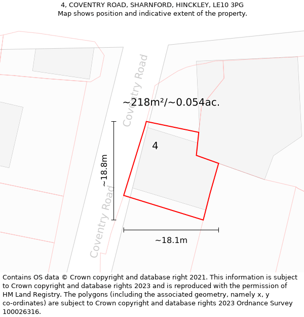 4, COVENTRY ROAD, SHARNFORD, HINCKLEY, LE10 3PG: Plot and title map