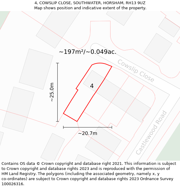 4, COWSLIP CLOSE, SOUTHWATER, HORSHAM, RH13 9UZ: Plot and title map