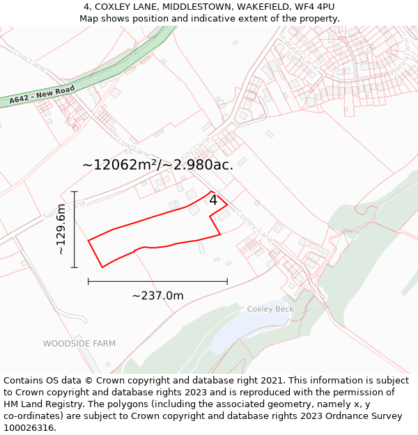 4, COXLEY LANE, MIDDLESTOWN, WAKEFIELD, WF4 4PU: Plot and title map