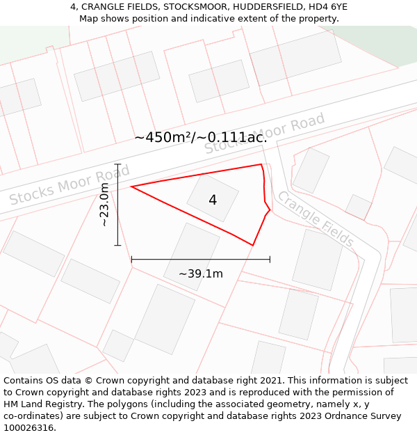 4, CRANGLE FIELDS, STOCKSMOOR, HUDDERSFIELD, HD4 6YE: Plot and title map