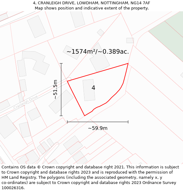 4, CRANLEIGH DRIVE, LOWDHAM, NOTTINGHAM, NG14 7AF: Plot and title map
