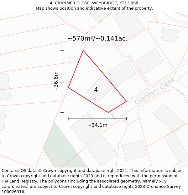 4, CRANMER CLOSE, WEYBRIDGE, KT13 0SR: Plot and title map