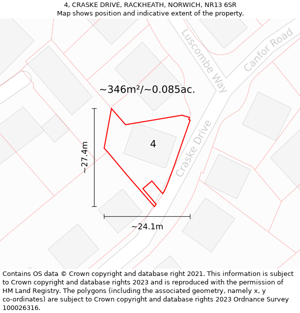 4, CRASKE DRIVE, RACKHEATH, NORWICH, NR13 6SR: Plot and title map