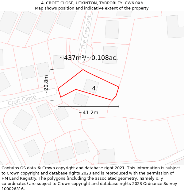 4, CROFT CLOSE, UTKINTON, TARPORLEY, CW6 0XA: Plot and title map