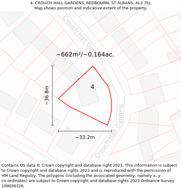 4, CROUCH HALL GARDENS, REDBOURN, ST ALBANS, AL3 7EL: Plot and title map