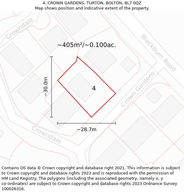 4, CROWN GARDENS, TURTON, BOLTON, BL7 0QZ: Plot and title map