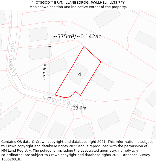 4, CYSGOD Y BRYN, LLANBEDROG, PWLLHELI, LL53 7PY: Plot and title map