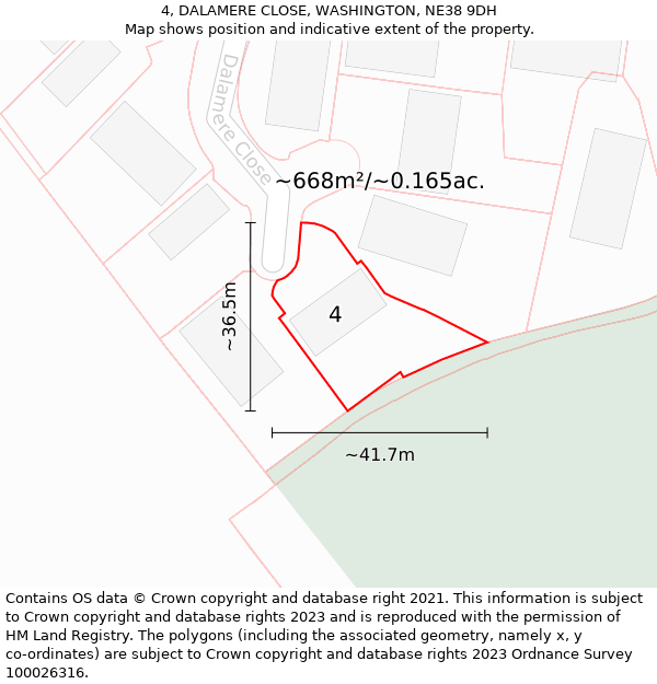 4, DALAMERE CLOSE, WASHINGTON, NE38 9DH: Plot and title map