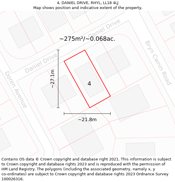 4, DANIEL DRIVE, RHYL, LL18 4LJ: Plot and title map