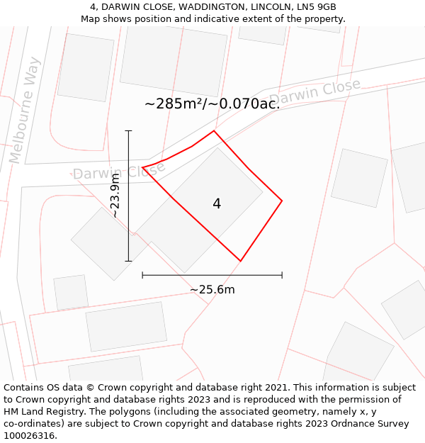 4, DARWIN CLOSE, WADDINGTON, LINCOLN, LN5 9GB: Plot and title map