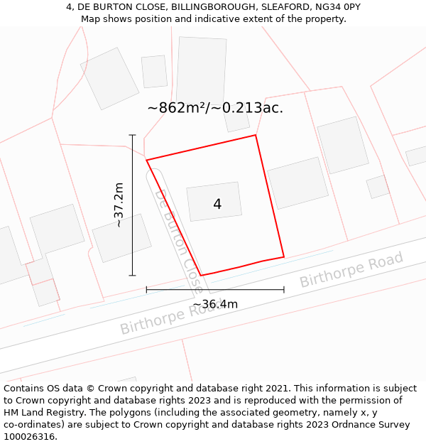 4, DE BURTON CLOSE, BILLINGBOROUGH, SLEAFORD, NG34 0PY: Plot and title map