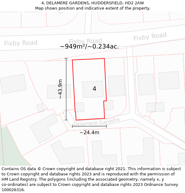 4, DELAMERE GARDENS, HUDDERSFIELD, HD2 2AW: Plot and title map