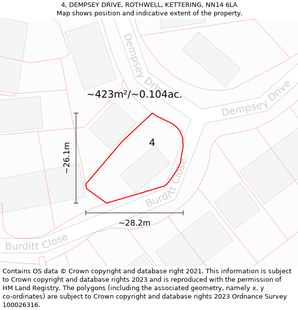 4, DEMPSEY DRIVE, ROTHWELL, KETTERING, NN14 6LA: Plot and title map