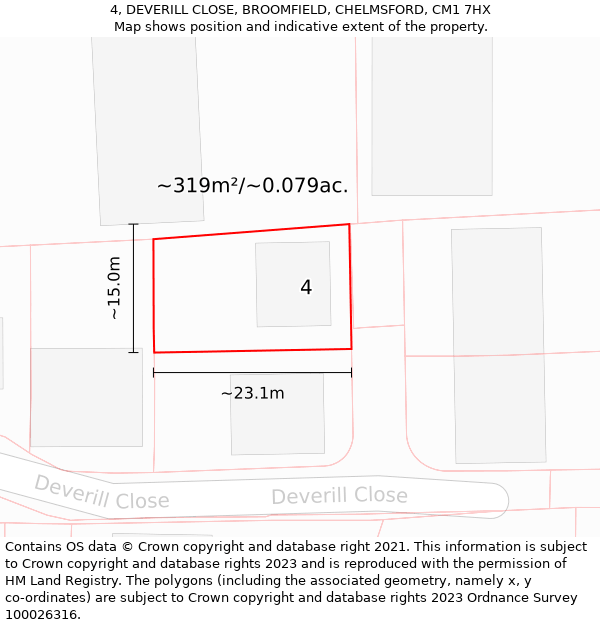 4, DEVERILL CLOSE, BROOMFIELD, CHELMSFORD, CM1 7HX: Plot and title map