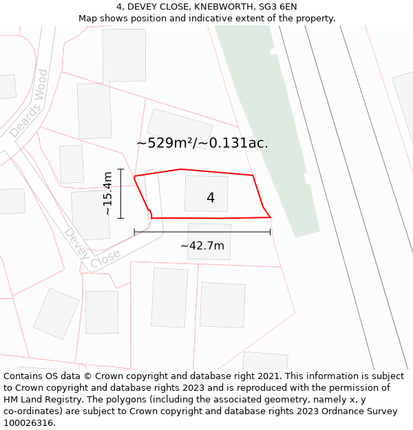 4, DEVEY CLOSE, KNEBWORTH, SG3 6EN: Plot and title map