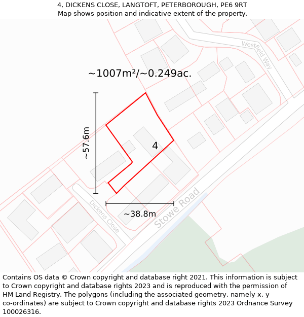 4, DICKENS CLOSE, LANGTOFT, PETERBOROUGH, PE6 9RT: Plot and title map