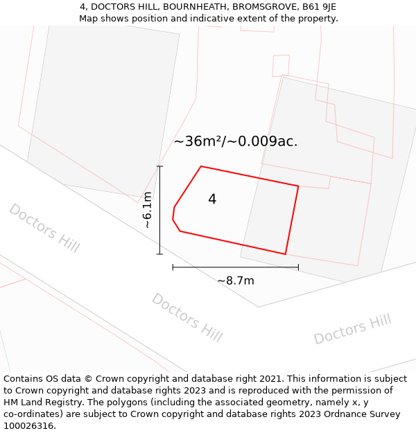 4, DOCTORS HILL, BOURNHEATH, BROMSGROVE, B61 9JE: Plot and title map