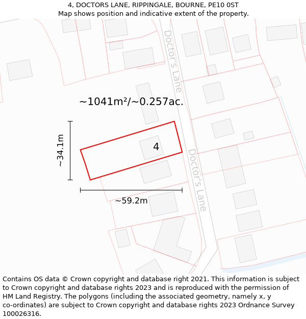 4, DOCTORS LANE, RIPPINGALE, BOURNE, PE10 0ST: Plot and title map