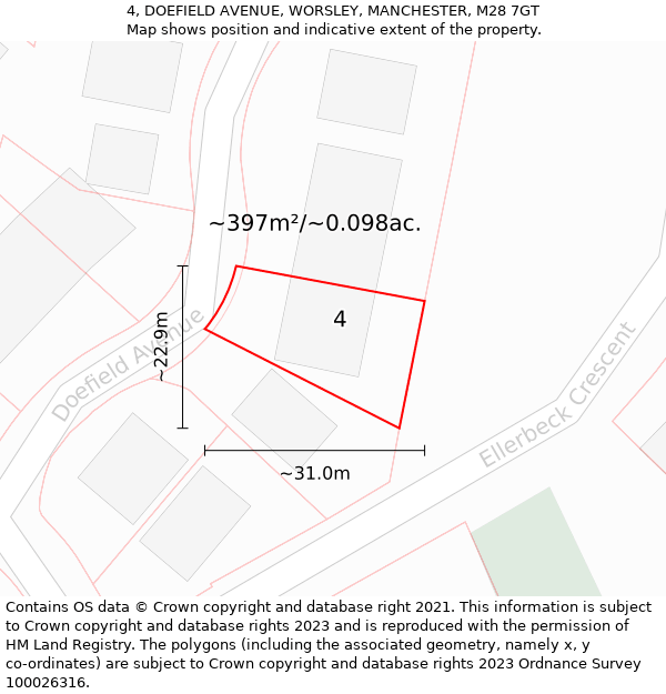 4, DOEFIELD AVENUE, WORSLEY, MANCHESTER, M28 7GT: Plot and title map