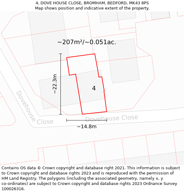 4, DOVE HOUSE CLOSE, BROMHAM, BEDFORD, MK43 8PS: Plot and title map