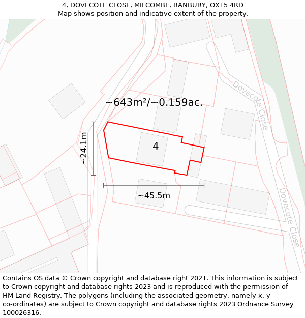 4, DOVECOTE CLOSE, MILCOMBE, BANBURY, OX15 4RD: Plot and title map