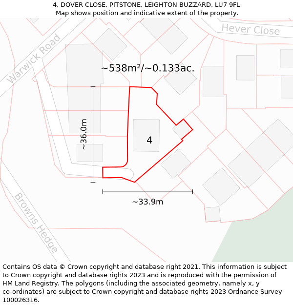 4, DOVER CLOSE, PITSTONE, LEIGHTON BUZZARD, LU7 9FL: Plot and title map