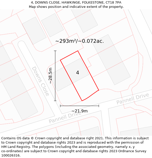 4, DOWNS CLOSE, HAWKINGE, FOLKESTONE, CT18 7PA: Plot and title map