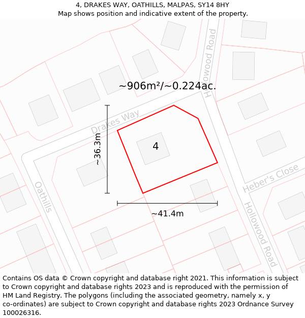 4, DRAKES WAY, OATHILLS, MALPAS, SY14 8HY: Plot and title map