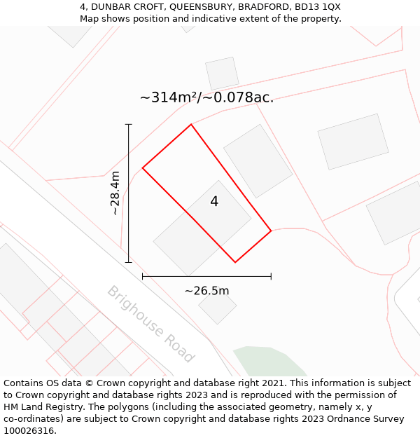 4, DUNBAR CROFT, QUEENSBURY, BRADFORD, BD13 1QX: Plot and title map