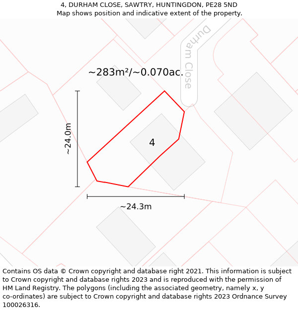 4, DURHAM CLOSE, SAWTRY, HUNTINGDON, PE28 5ND: Plot and title map