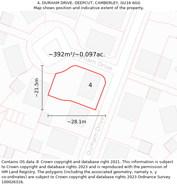 4, DURHAM DRIVE, DEEPCUT, CAMBERLEY, GU16 6GG: Plot and title map