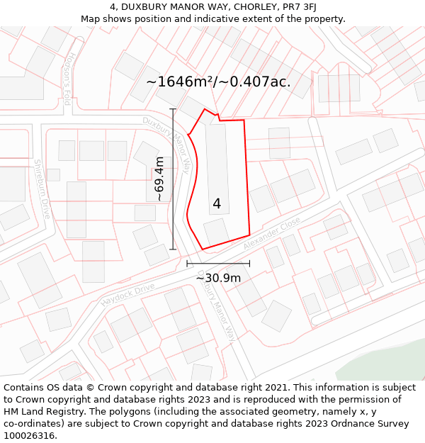 4, DUXBURY MANOR WAY, CHORLEY, PR7 3FJ: Plot and title map