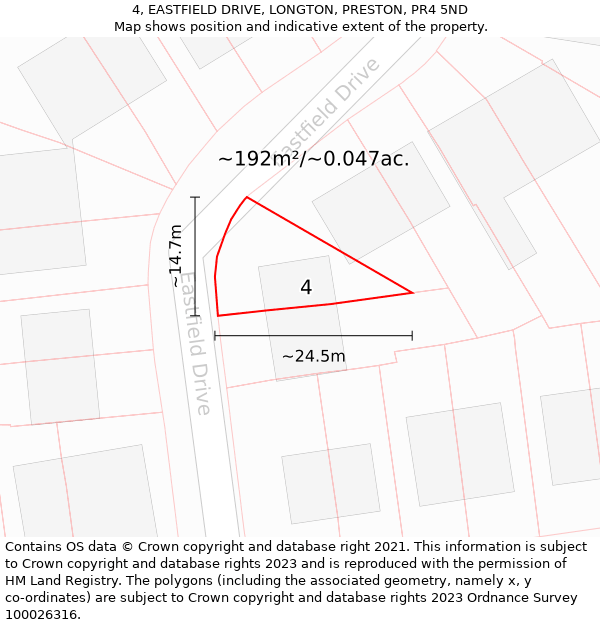 4, EASTFIELD DRIVE, LONGTON, PRESTON, PR4 5ND: Plot and title map