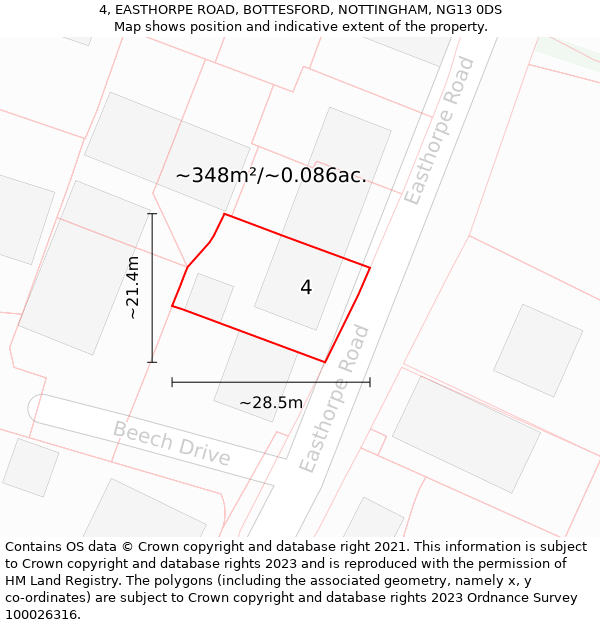 4, EASTHORPE ROAD, BOTTESFORD, NOTTINGHAM, NG13 0DS: Plot and title map