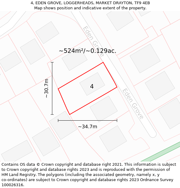 4, EDEN GROVE, LOGGERHEADS, MARKET DRAYTON, TF9 4EB: Plot and title map