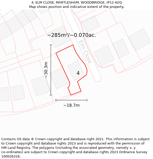 4, ELM CLOSE, MARTLESHAM, WOODBRIDGE, IP12 4UQ: Plot and title map