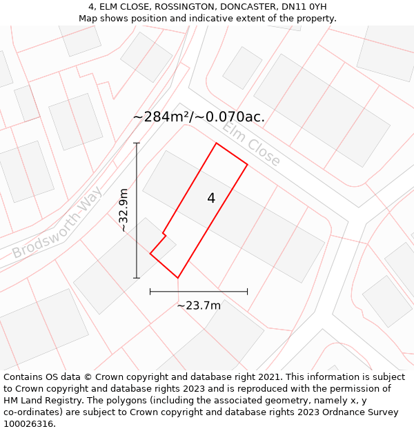 4, ELM CLOSE, ROSSINGTON, DONCASTER, DN11 0YH: Plot and title map