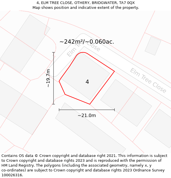 4, ELM TREE CLOSE, OTHERY, BRIDGWATER, TA7 0QX: Plot and title map