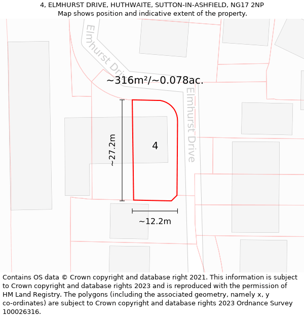 4, ELMHURST DRIVE, HUTHWAITE, SUTTON-IN-ASHFIELD, NG17 2NP: Plot and title map